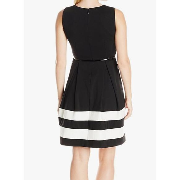 NWT Calvin Klein Belted Color Block Fit & Flare Dress Women Size 14 Black‎ White - Picture 3 of 8